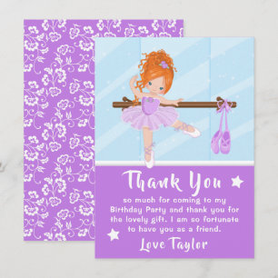 Red Hair Ballerina Purple Birthday Thank You Card