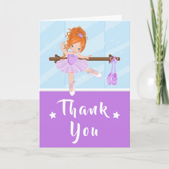 Red Hair Ballerina Purple Birthday Thank You Card (Front)