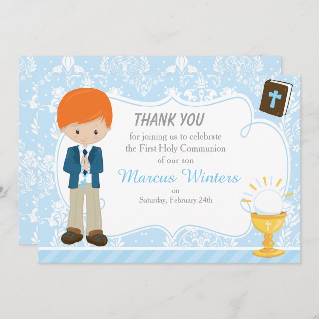 Red Hair Boy First Communion Damask Thank You Card (Front/Back)