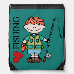 Red Hair Boy I Love Fishing Drawstring Bag