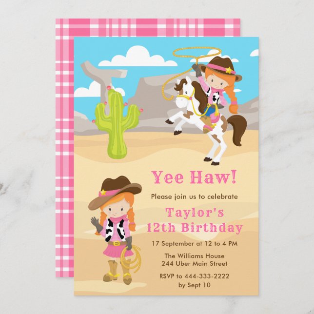 Red Hair Cowgirl Birthday Party Invitation (Front/Back)