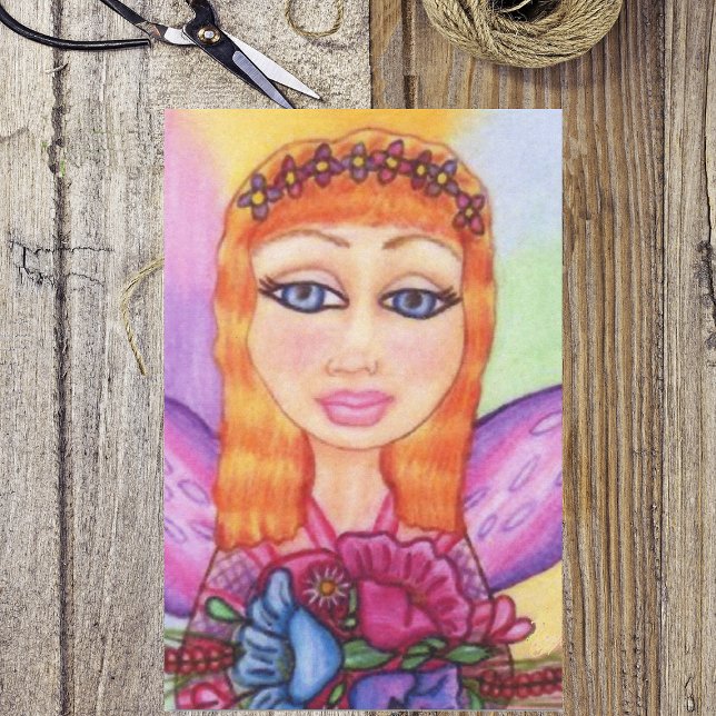 Red Hair Fairy Fae Spring Flowers Tissue Paper (Red haired fairy holding colourful flowers purple wings on tissue wrapping paper.)
