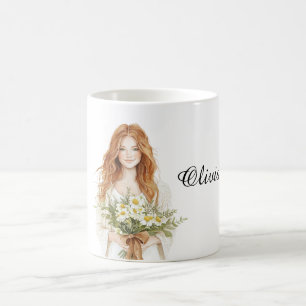 Red Hair Female Daisy Flowers Coffee Mug