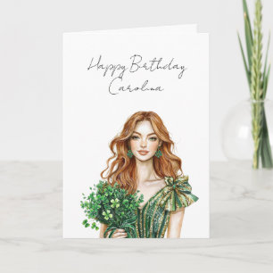 Red Hair Female Green Gold Glitter Birthday Card