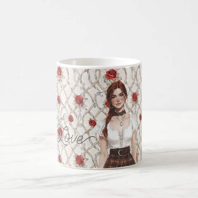 Red Hair Female Roses Faux Wood Floral Love Coffee Mug (Center)