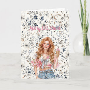 Red Hair Girl Blue Floral Christmas Card