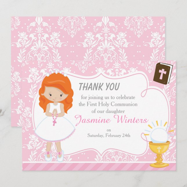 Red Hair Girl First Communion Thank You Card (Front/Back)