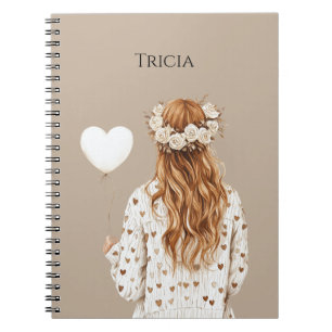 Red Hair Girl Flowers in Hair Heart Balloon Notebook