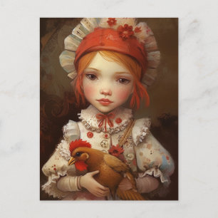 Red Hair Girl Holds Her Pet Chicken AI Art Postcard