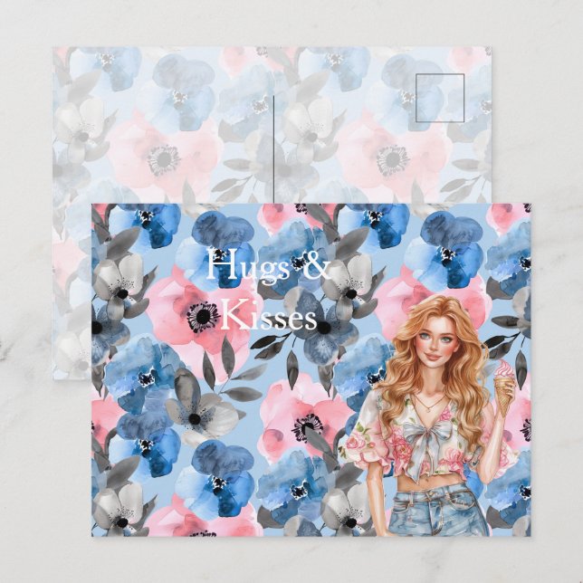 Red Hair Girl Ice Cream Blue Floral Hugs Kisses Postcard (Front/Back)