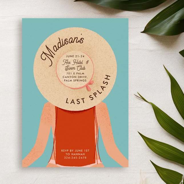 Red Hair Girl Palm Springs Bachelorette Pool Party Invitation (ginger hair and light white skin girl wearing a beach hat - bachelorette pool party invitation)