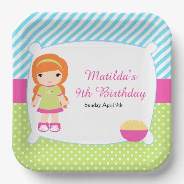 Red Hair Girl Sleepover Slumber Party Paper Plate (Front)