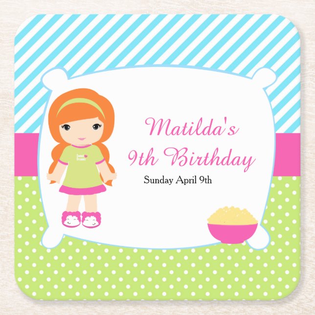 Red Hair Girl Sleepover Slumber Party Square Paper Coaster (Front)
