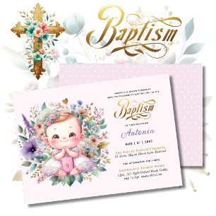 Red Hair Girl's BAPTISM Purple Gold Floral Cross Invitation