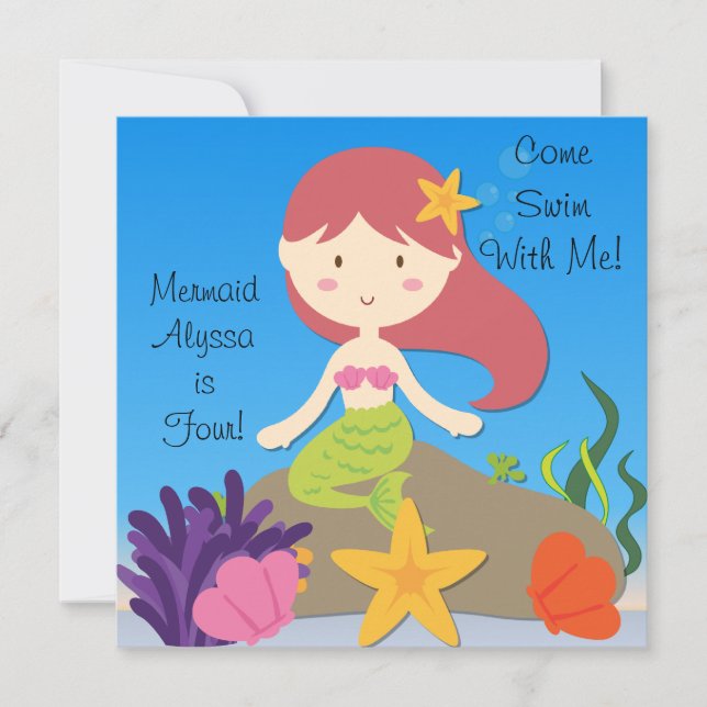 Red Hair Mermaid Custom Birthday Invitation (Front)