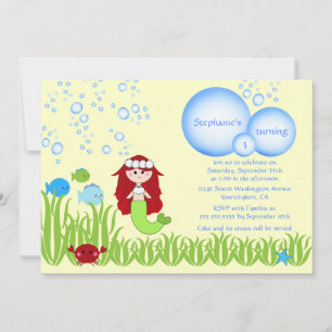 Red hair mermaid girl's birthday party invitation