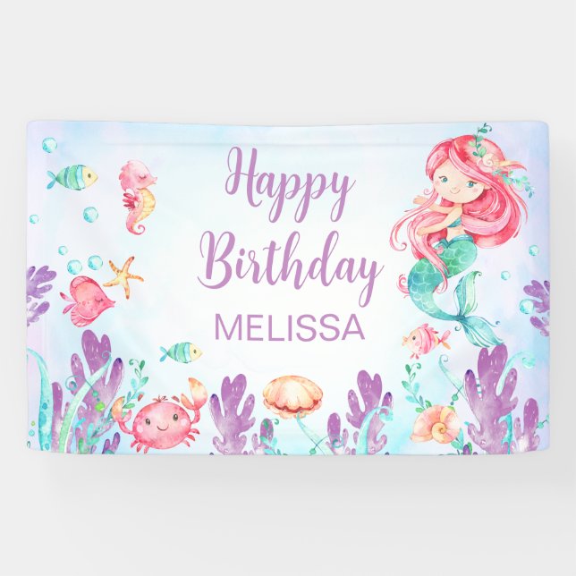 Red Hair Mermaid Under The Sea Birthday Backdrop Banner (Horizontal)