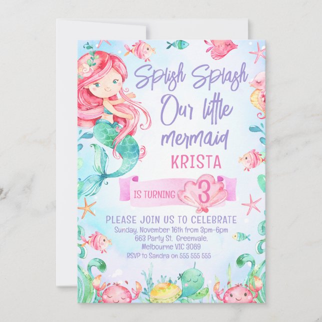 Red Hair Mermaid Under the Sea Birthday Invitation (Front)