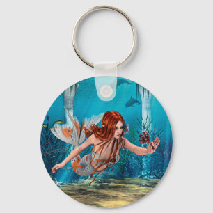 Red Hair Mermaid Underwater Fantasy Art Key Ring
