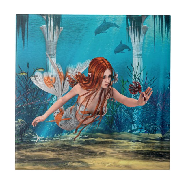 Red Hair Mermaid Underwater Fantasy Art Tile (Front)