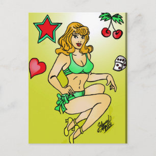 red hair pin up postcard