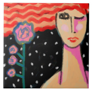 Red Hair Pink Roses Abstract Art Ceramic Tile
