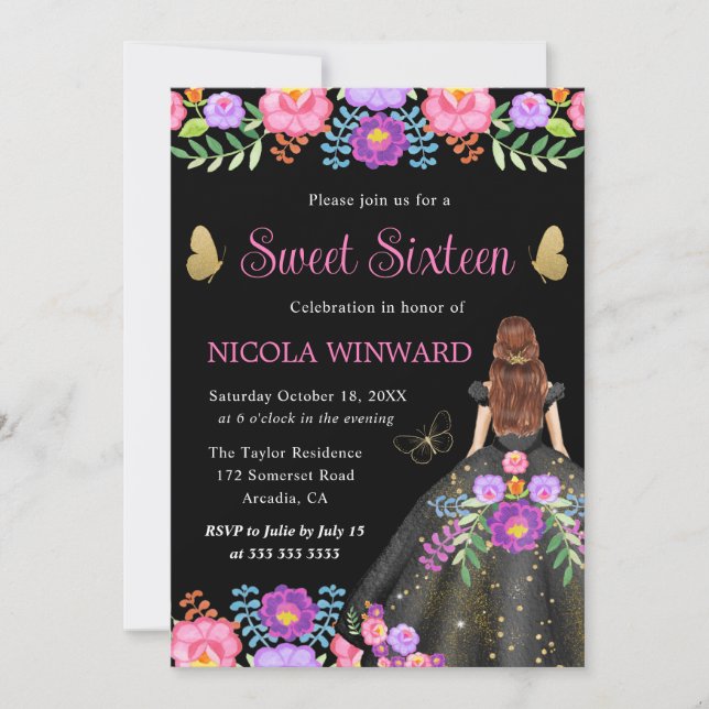 Red Hair Princess Mexican Floral Dress Sweet 16 Invitation (Front)