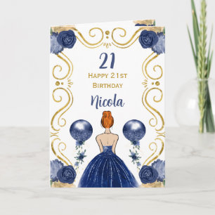 Red Hair  Princess Navy Happy Birthday Card