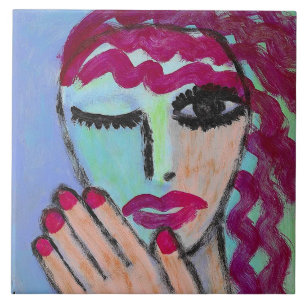 Red Hair Red Nails Abstract Portrait Ceramic Tile
