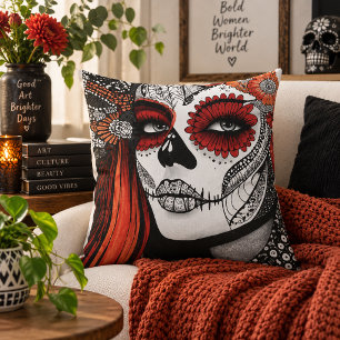Red Hair Sugar Skull Woman Gothic Folk Art Cushion