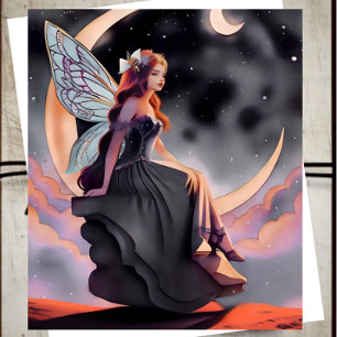 Red Hair Watercolor Moon Fairy Card