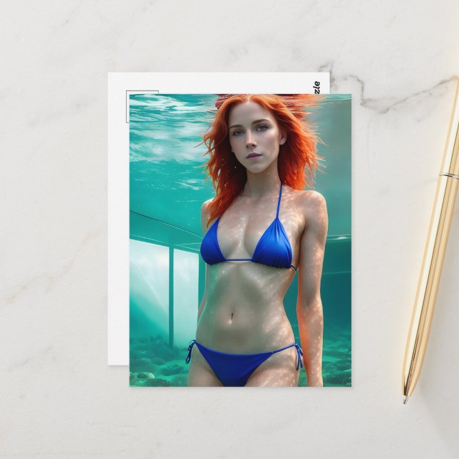 Red Hair Woman in a Blue Bikini Postcard (Front/Back In Situ)