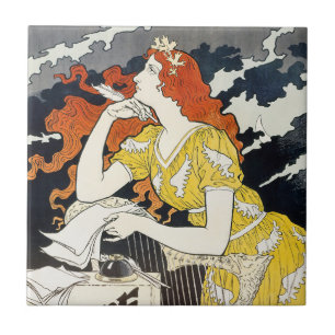 Red Hair Woman Yellow Dress Classic Art Nouveau Ceramic Tile