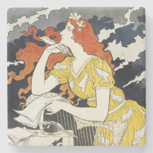 Red Hair Woman Yellow Dress Classic Art Nouveau Stone Coaster