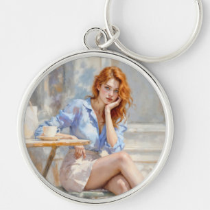 Red haired beauty girl sitting at a cafe soft art key ring