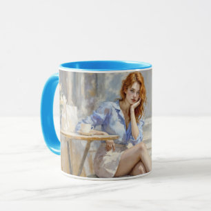 Red haired beauty girl sitting at a cafe soft art mug