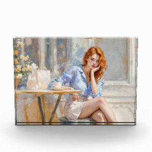 Red haired beauty girl sitting at a cafe soft art photo block