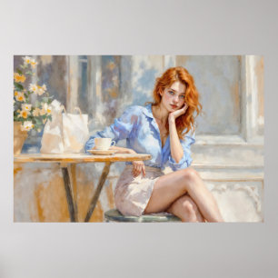 Red haired beauty girl sitting at a cafe soft art poster