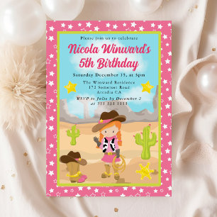 Red Haired Cowgirl Western Kids Birthday Invitation