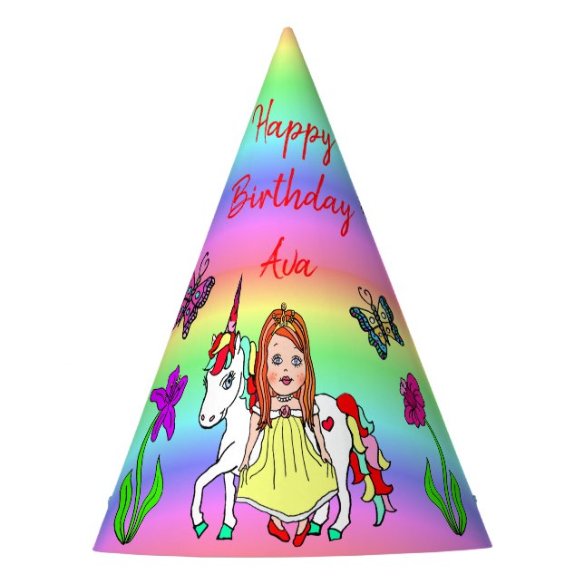 Red Haired Fairy and Unicorn Birthday Hat (Front)