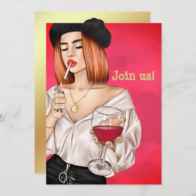 Red Haired French Wine Woman Bachelorette Party Invitation (Front/Back)