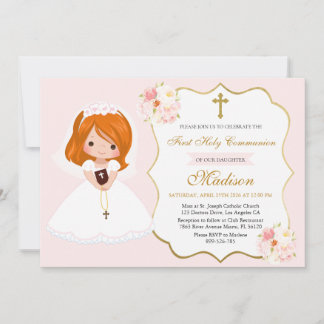 Red haired Girl First Holy Communion Invitation