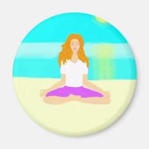 Red haired girl, yoga, om pose, beach, ocean, sun magnet