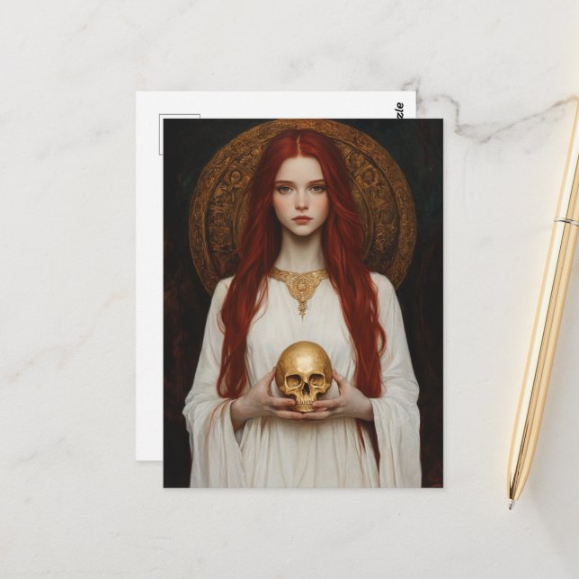 Red haired Goddess Lady With Golden Skull Postcard (Front/Back In Situ)