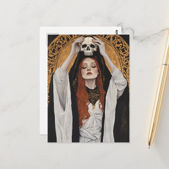 Red haired Goddess Woman With a Skull Postcard (Front/Back In Situ)