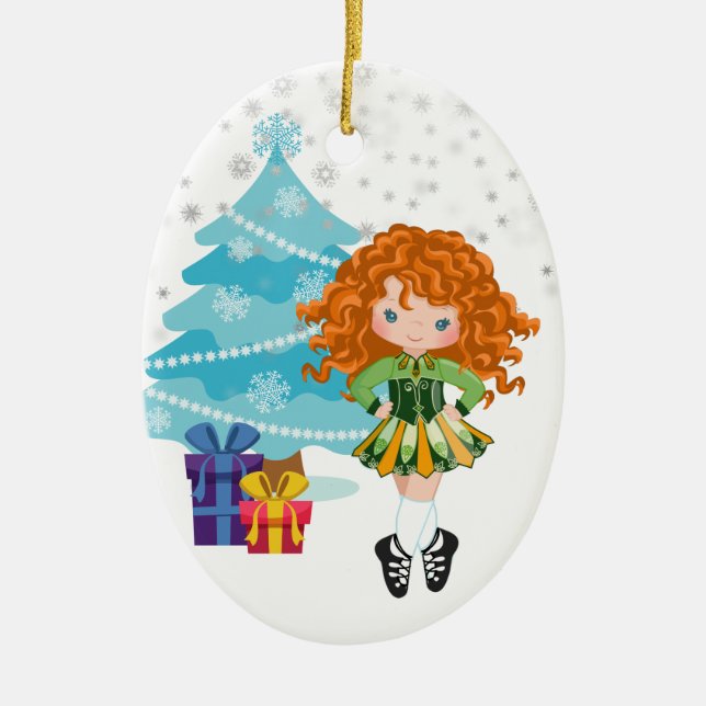 Red Haired Irish Dancer Winter Christmas Ceramic Ornament (Front)