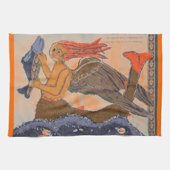 Red Haired Mediaeval Mermaid by Alexandra Cook Tea Towel (Horizontal)