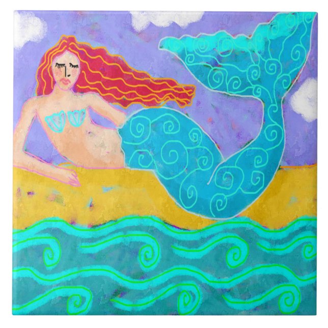 Red Haired Mermaid Abstract Art Ceramic Tile (Front)