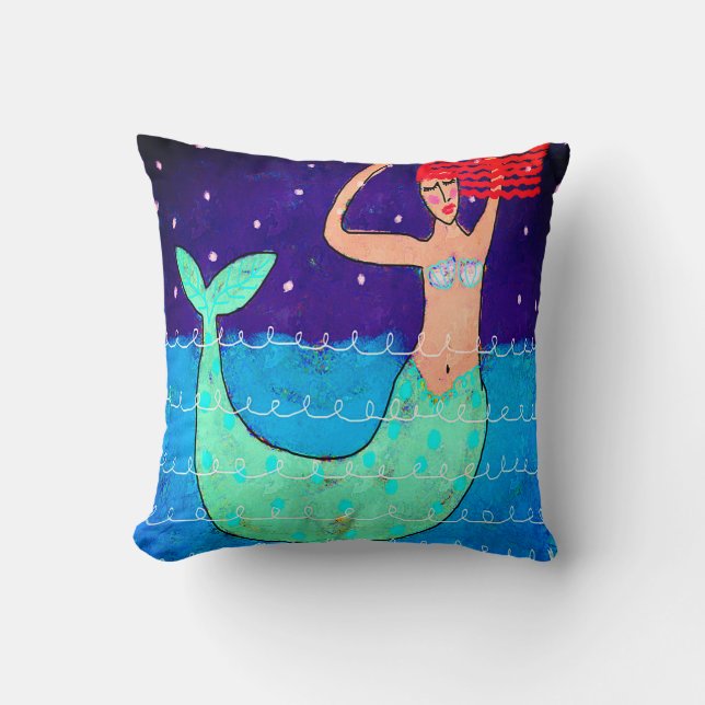 Red Haired Mermaid Abstract Art Cushion (Front)