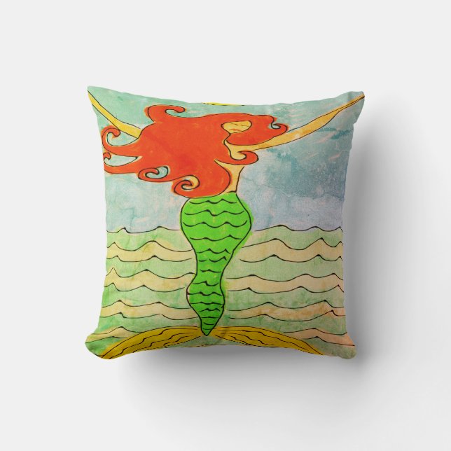 Red Haired Mermaid Abstract Art Cushion (Front)